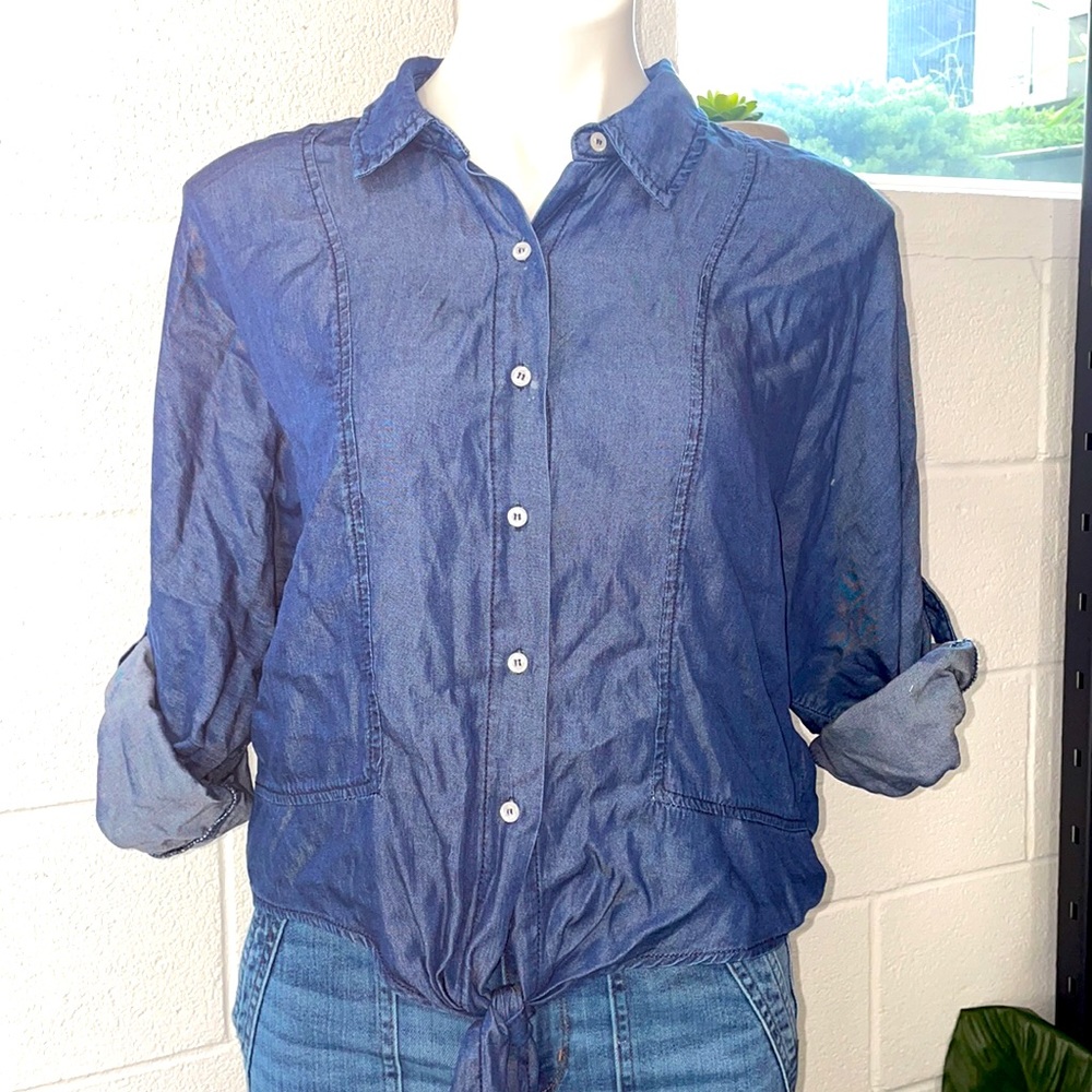Denim Looking Button Up Blouse Shirt